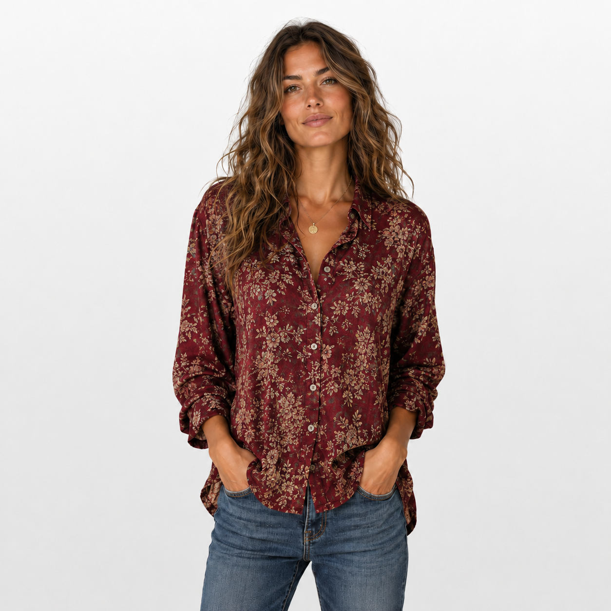 Woman wearing a burgundy floral blouse and blue jeans on a white background
