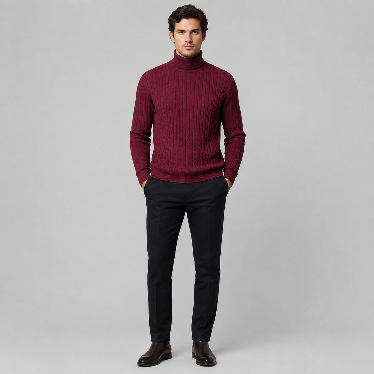 A man wearing a burgundy ribbed turtleneck sweater, dark navy trousers, and brown leather dress shoes, standing against a light gray studio background.