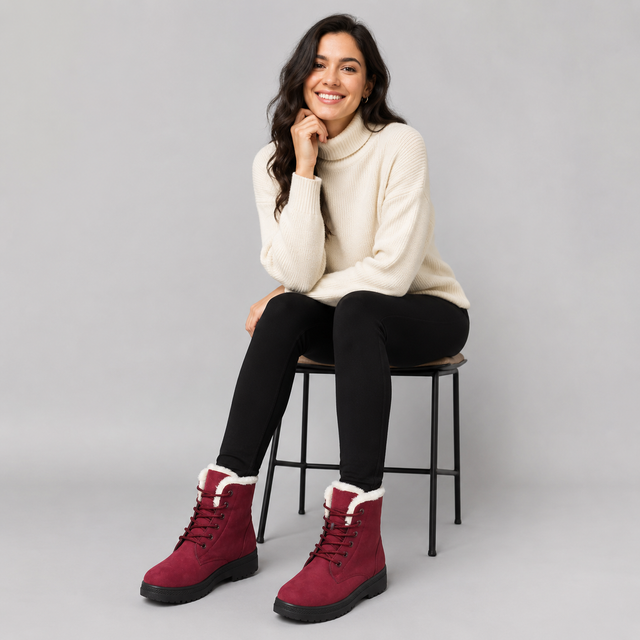 A woman sits on a black metal stool wearing a cream turtleneck sweater, black leggings, and burgundy suede lace-up boots with white shearling lining, against a solid gray studio background.