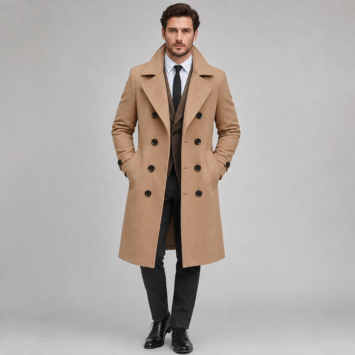 A man modeling a mid-length camel brown double-breasted overcoat over a dark brown vest, white shirt, black tie, and black trousers, standing against a solid gray studio background.