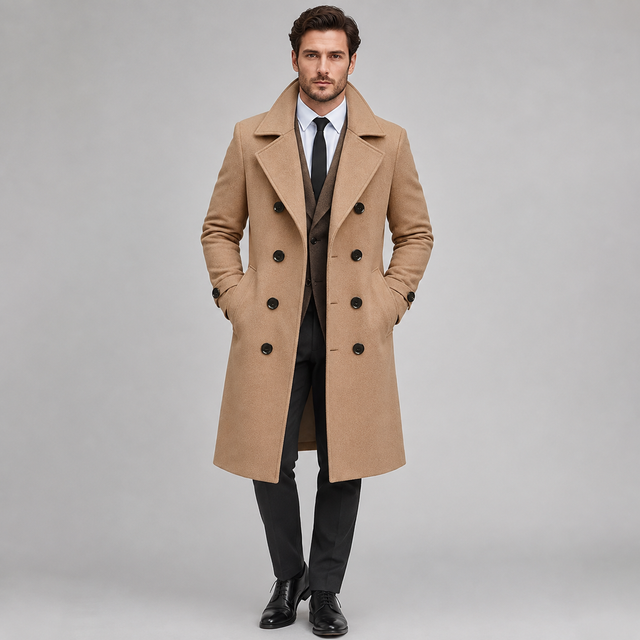 A man modeling a mid-length camel brown double-breasted overcoat over a dark brown vest, white shirt, black tie, and black trousers, standing against a solid gray studio background.