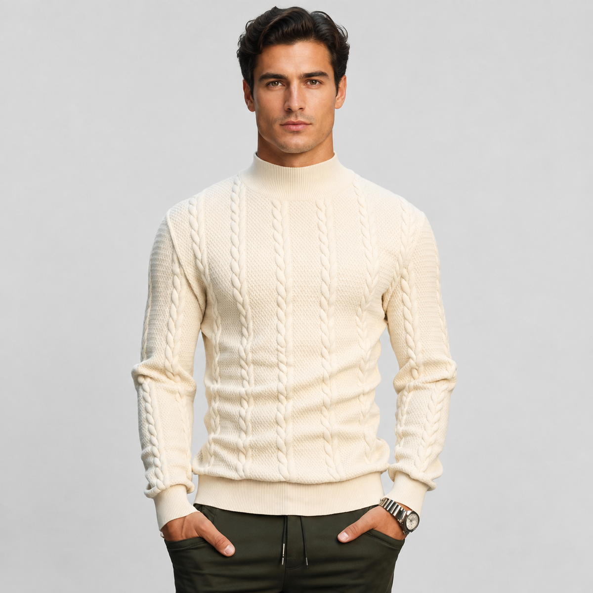 A man wearing a cream cable-knit mock neck sweater and dark olive pants, standing against a light gray studio background.