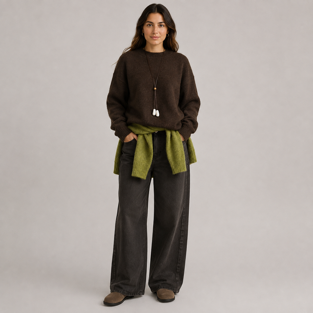 A woman stands against a plain light gray studio background wearing a dark brown knit sweater, wide-leg charcoal gray pants, and brown shoes. She has an olive green knit wrap tied around her waist and a long pendant necklace with white tassel charms.