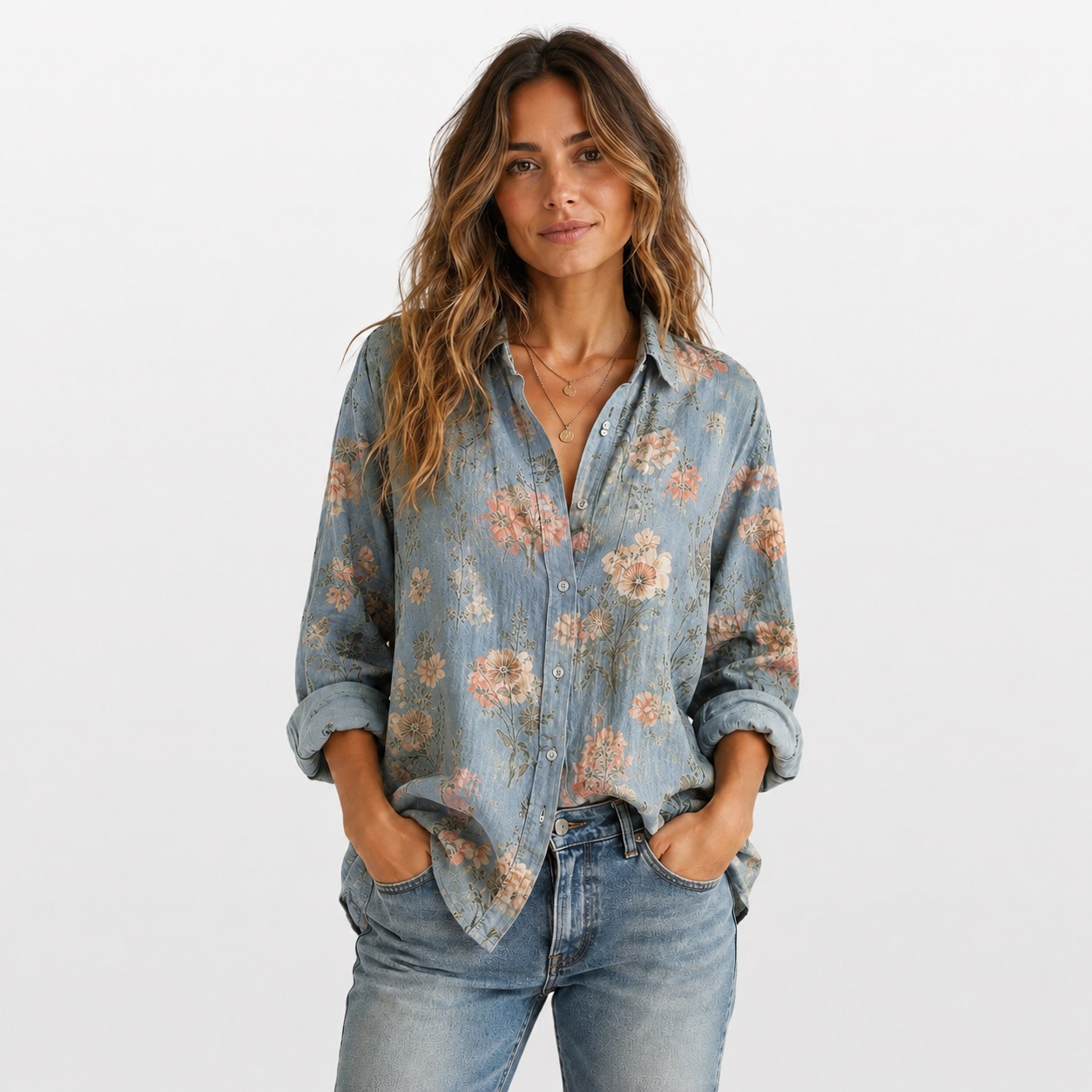 Woman wearing a floral denim shirt and jeans on a white background