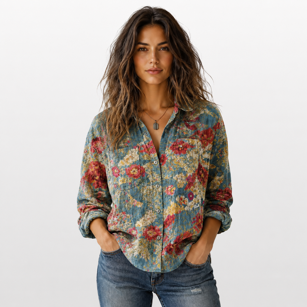 Woman wearing a floral shirt with a plain background