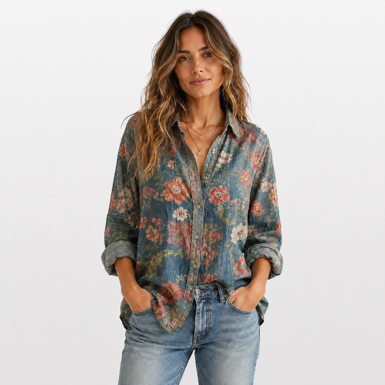 Woman wearing a floral shirt and jeans on a white background