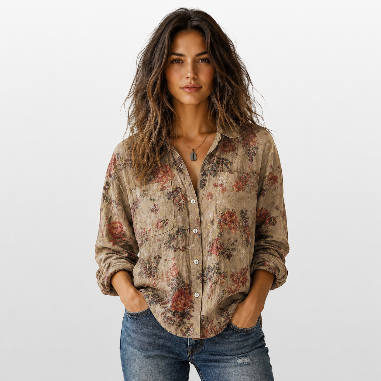 Woman wearing a floral shirt and jeans on a white background