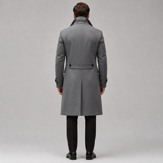 A man viewed from behind wearing a mid-length gray wool overcoat with a dark collar, black trousers, and black shoes, standing against a light gray studio background.