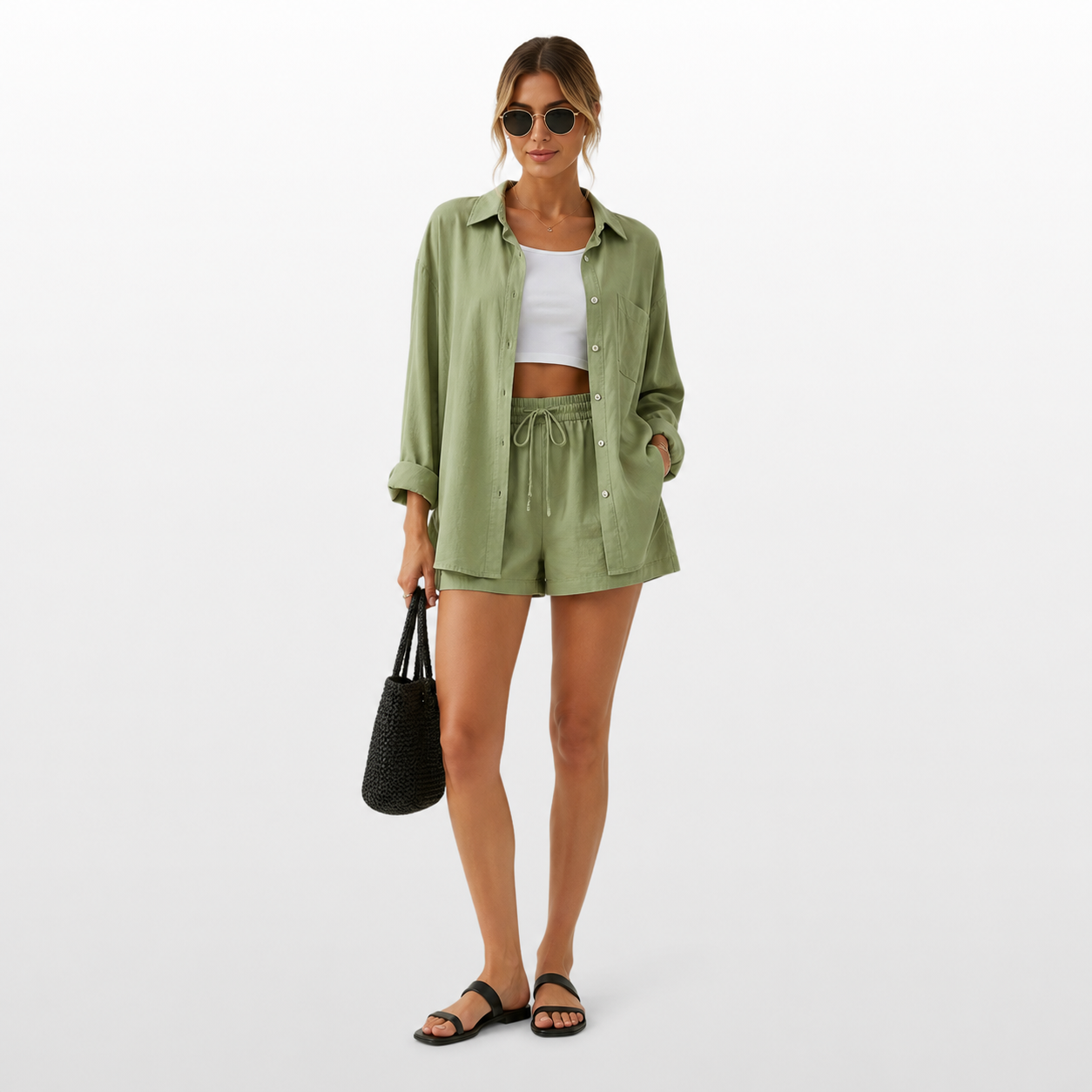 Woman wearing a green outfit with shorts and a shirt, holding a black bag on a white background