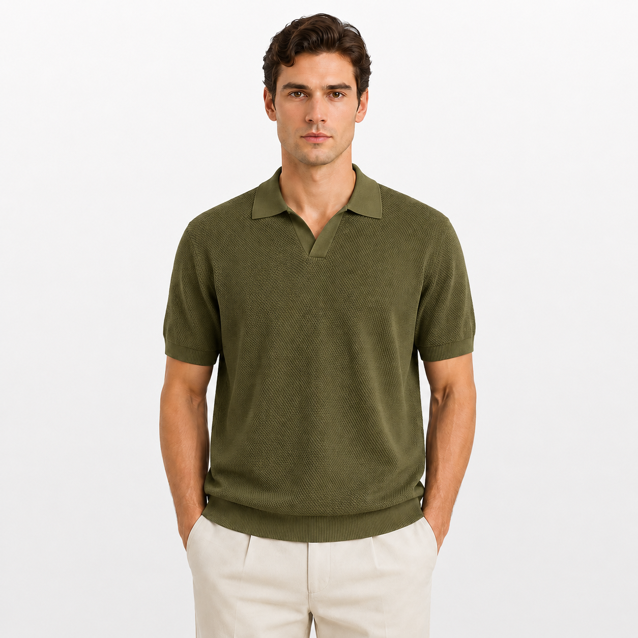 Man wearing a green polo shirt on a white background
