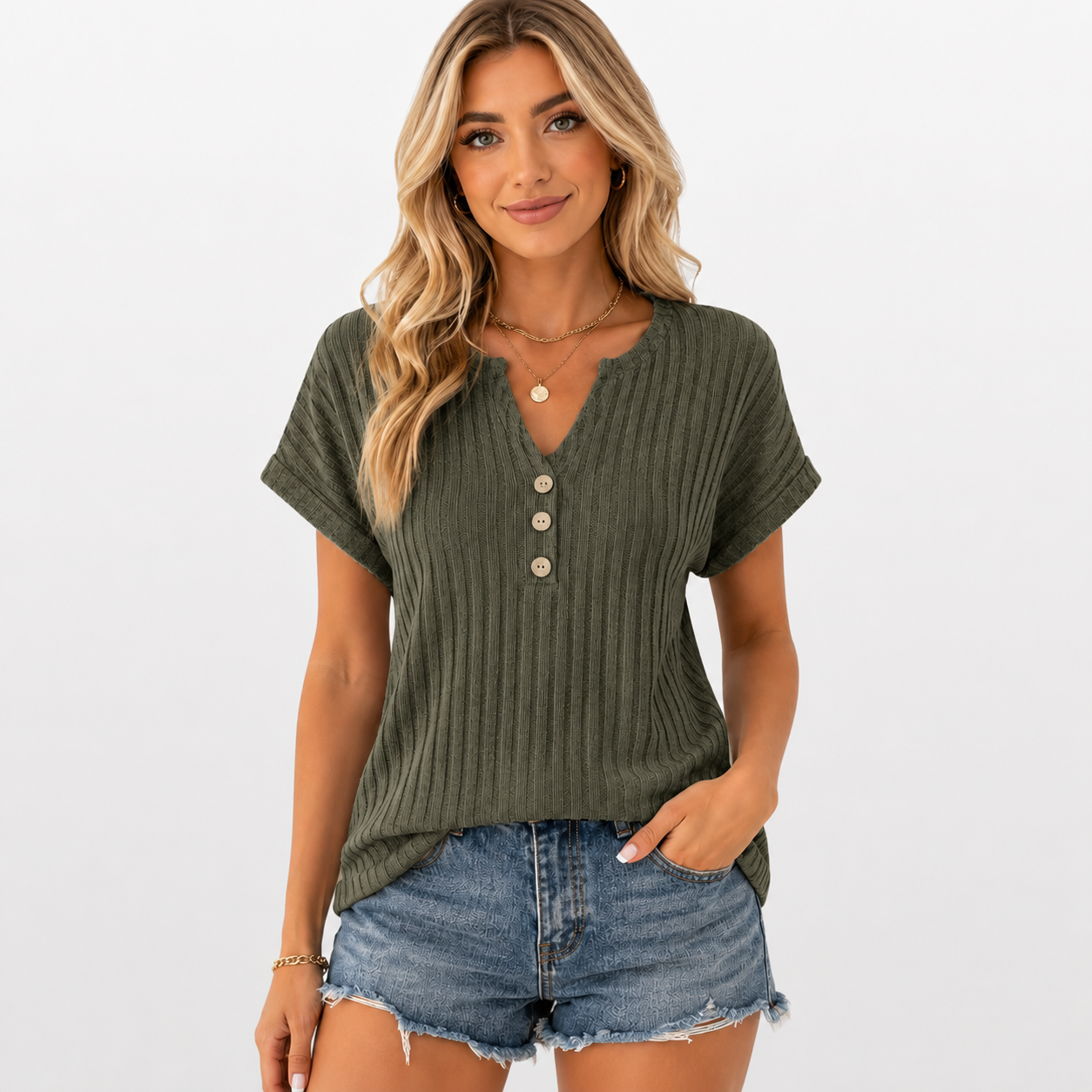 Woman wearing a green ribbed henley shirt and denim shorts on a white background