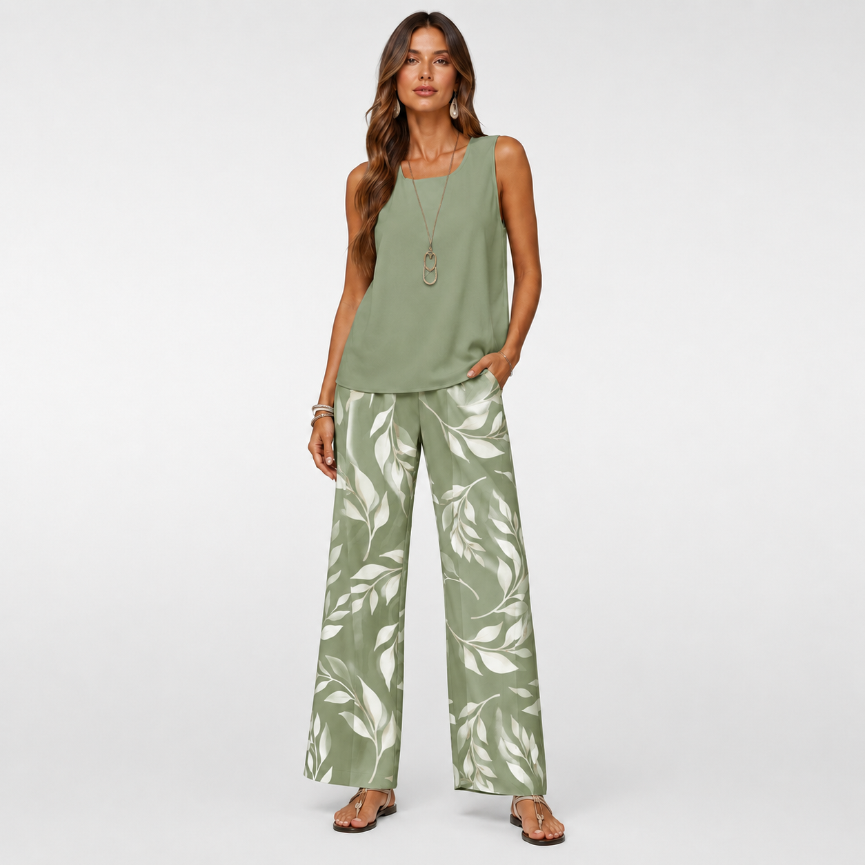 Woman wearing a green sleeveless top and leaf-patterned pants on a white background