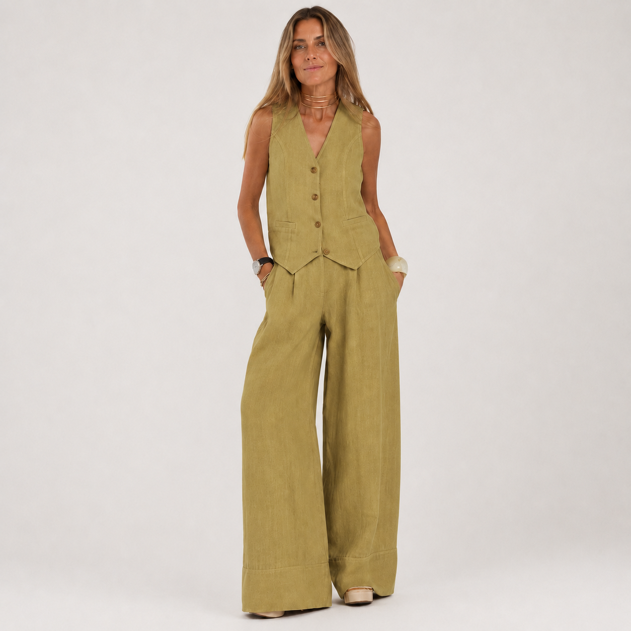 Woman wearing a green vest and wide-leg pants on a white background