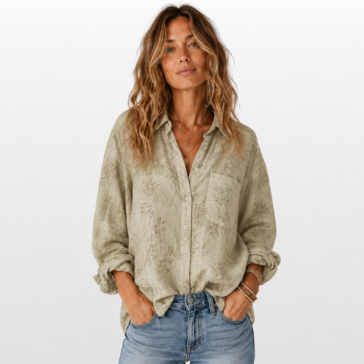 Woman wearing a patterned shirt and jeans on a white background