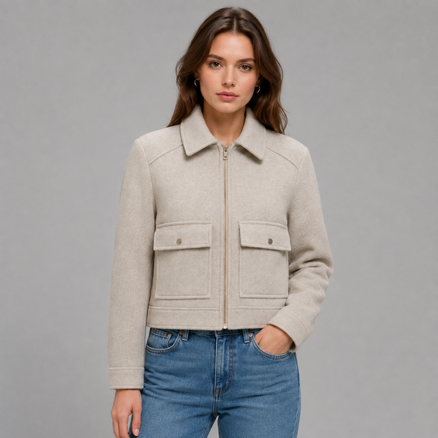A woman modeling a light beige cropped zip-up jacket with two front flap pockets, paired with blue jeans, against a solid gray studio background.