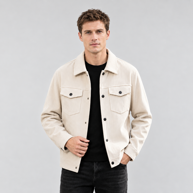 A man wearing a light beige denim-style jacket over a black t-shirt and dark jeans, standing against a solid gray studio background.