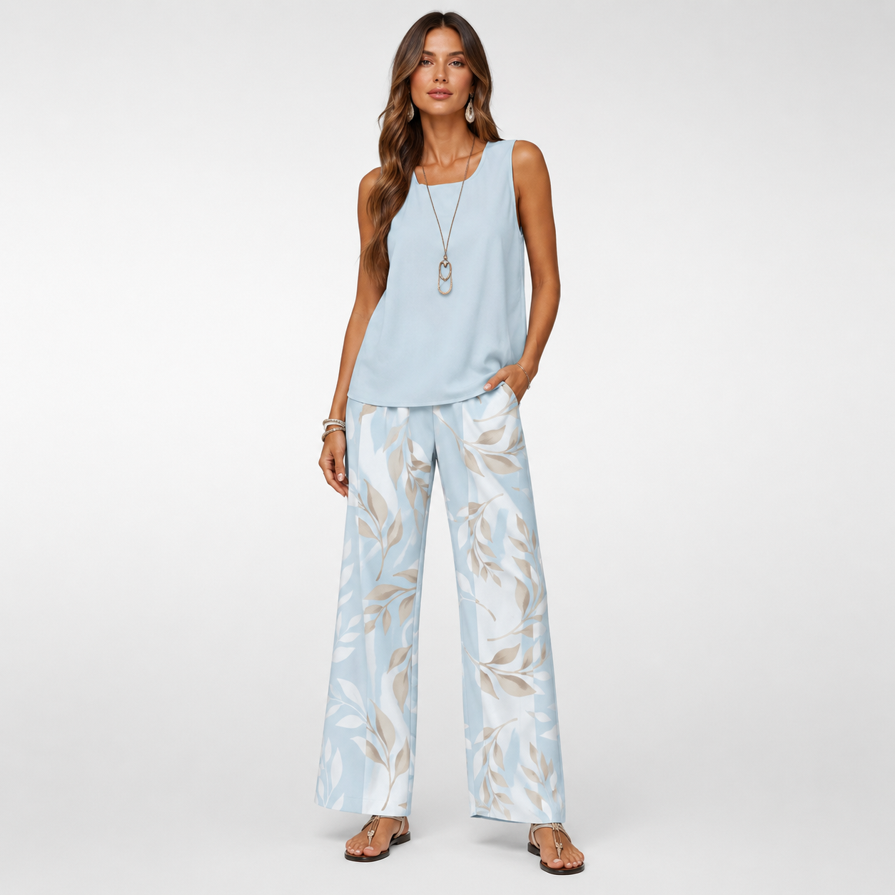 Woman wearing a light blue sleeveless top and wide-leg pants with leaf pattern on a white background
