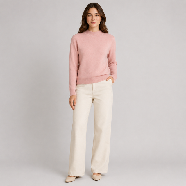 A woman modeling a light pink mock-neck knit sweater and off-white wide-leg trousers against a neutral light gray studio background.