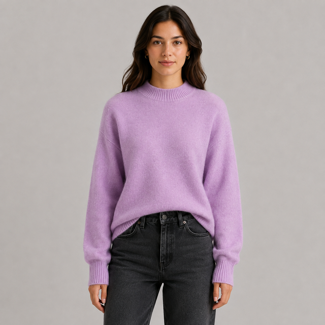 A woman wearing a light purple knit crewneck sweater and dark gray jeans, standing against a solid light gray studio background.