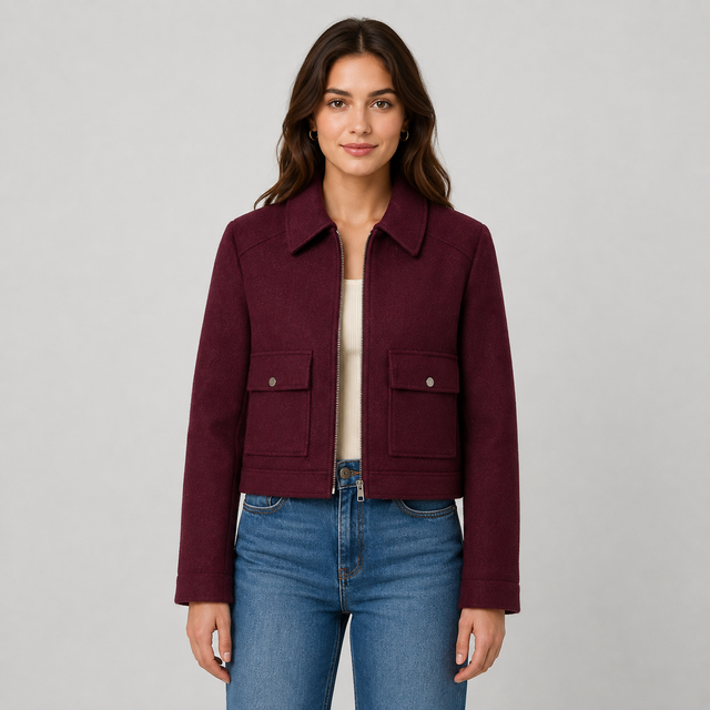 A woman modeling a cropped, long-sleeve jacket in deep burgundy. The jacket features a pointed collar, a front zipper, and two buttoned flap pockets on the chest.