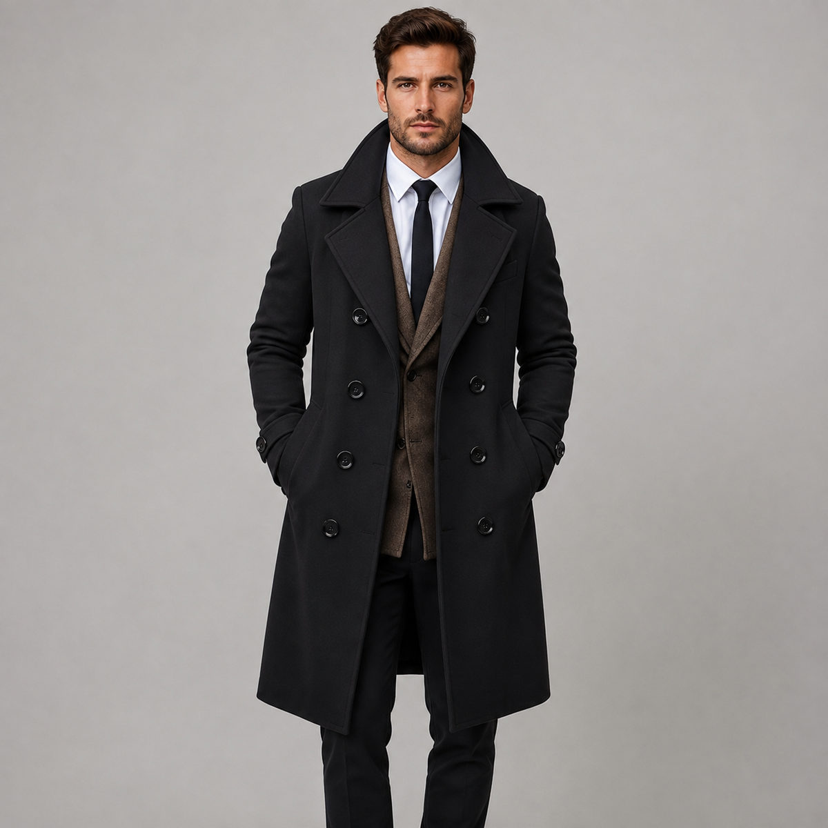 A man modeling a long black double-breasted overcoat over a brown vest, white shirt, and black tie, standing against a solid gray studio background.