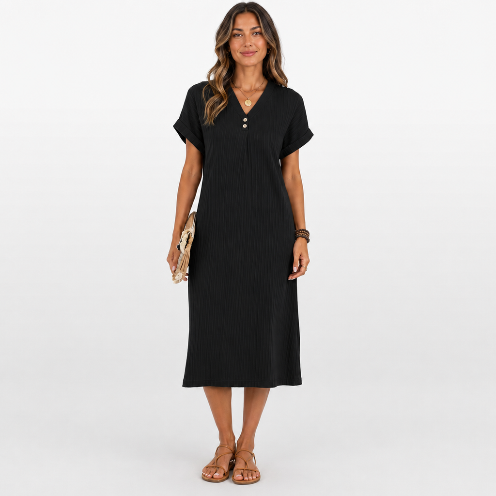 Woman wearing a black dress on a white background