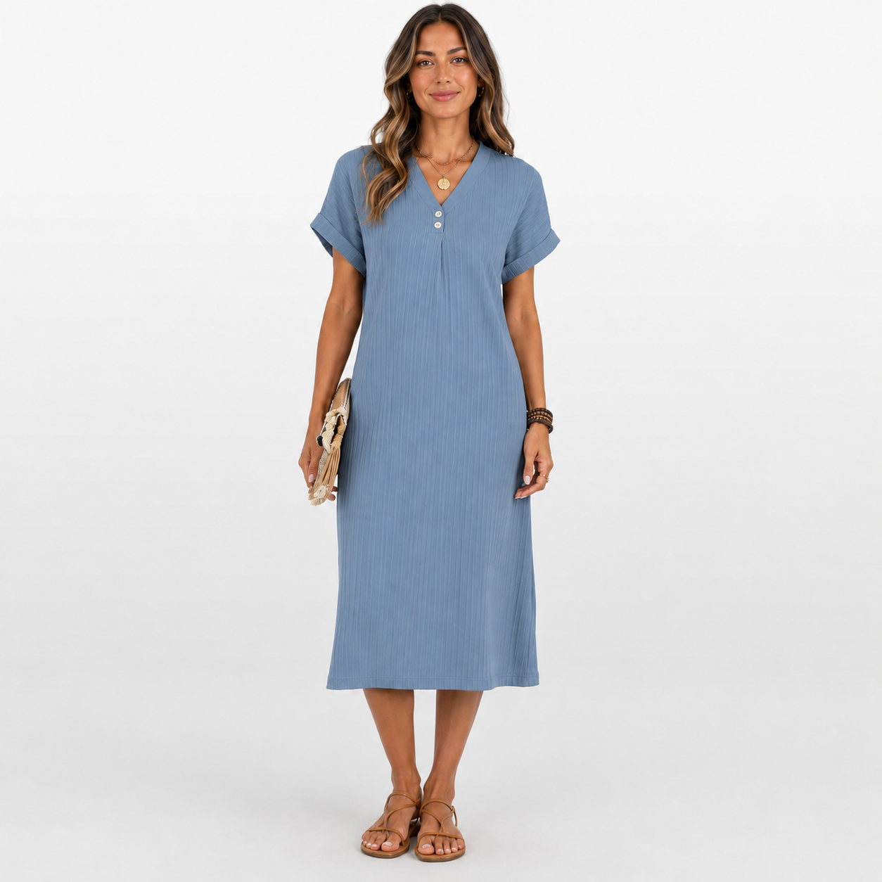 Woman wearing a blue dress on a white background