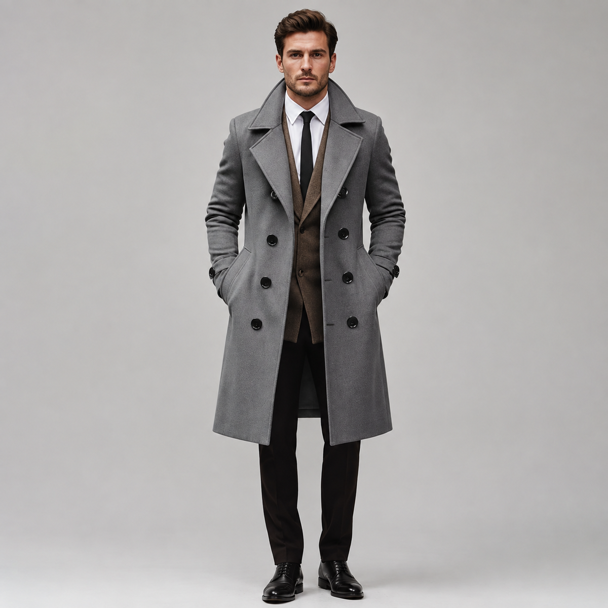 A man modeling a long double-breasted gray overcoat over a brown vest, white shirt, black tie, black trousers, and black dress shoes, photographed against a light gray studio background.