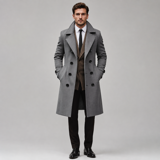 A man modeling a long double-breasted gray overcoat over a brown vest, white shirt, black tie, black trousers, and black dress shoes, photographed against a light gray studio background.