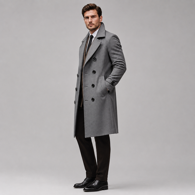 A man modeling a long gray double-breasted overcoat over a white shirt, brown tie, and dark trousers, standing against a light gray studio background.