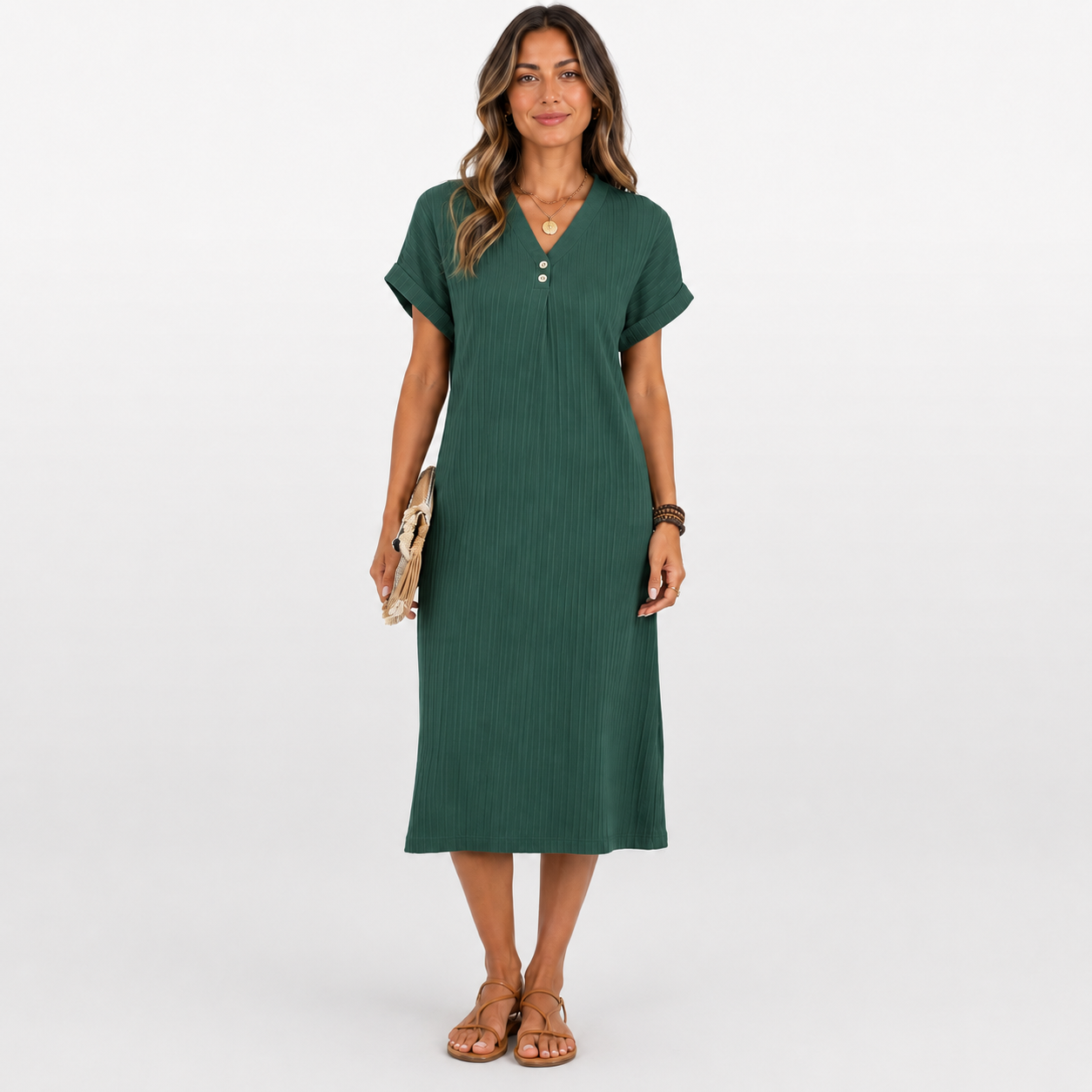 Woman wearing a green dress on a white background