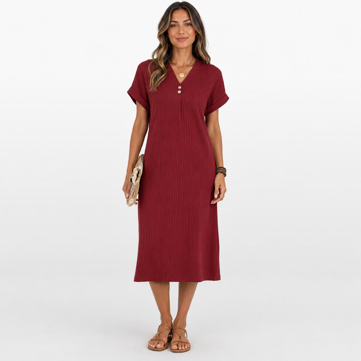 Woman wearing a red dress on a white background