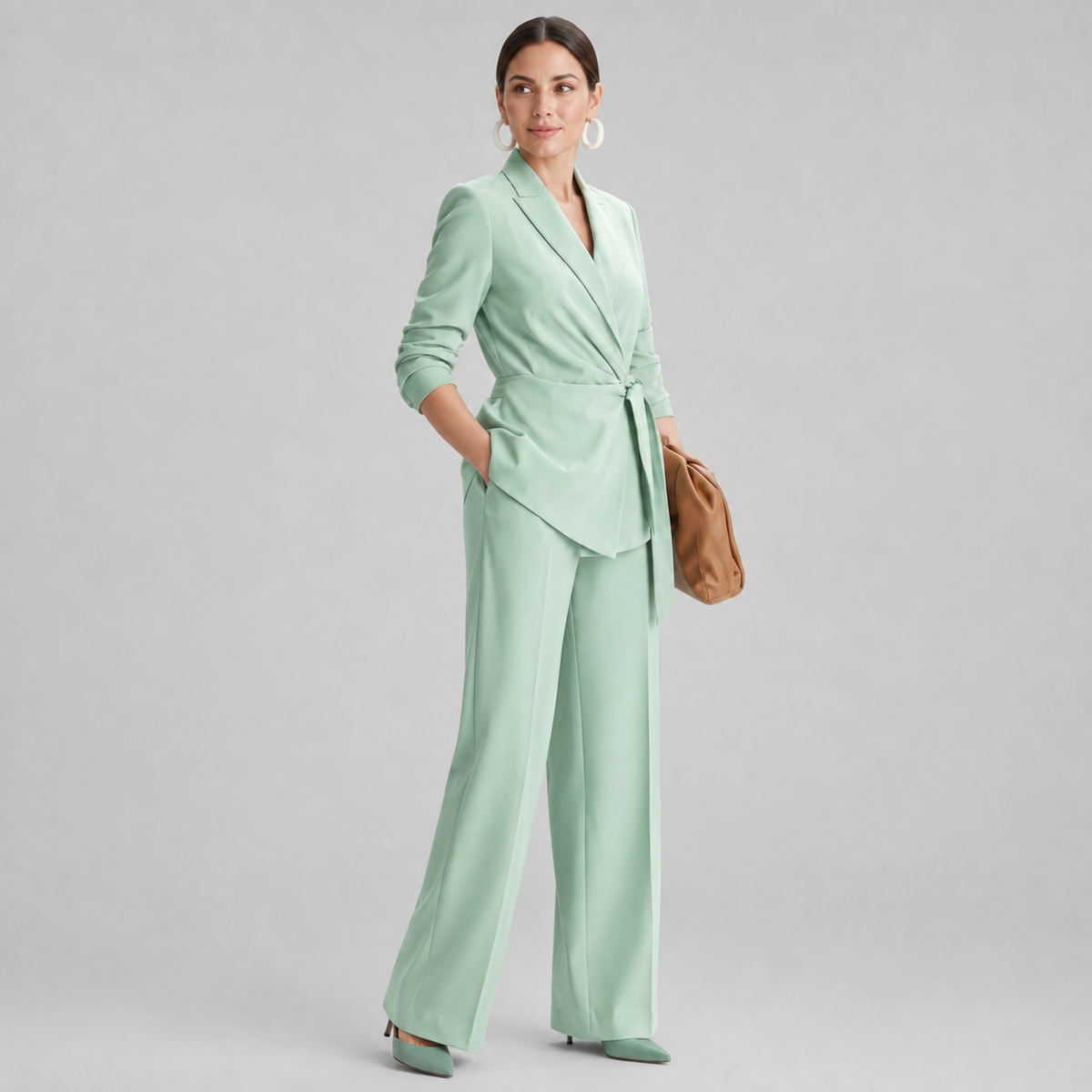 A woman models a mint green tailored jumpsuit with a wrap-style blazer and wide-leg trousers, styled with a tan shoulder bag and matching pointed heels against a light gray studio background.