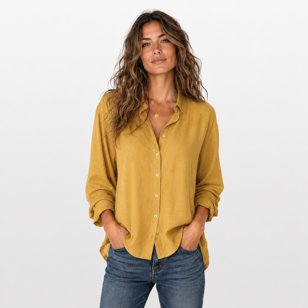 Woman wearing a mustard yellow shirt and blue jeans on a white background