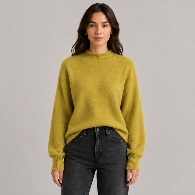 A woman wearing a mustard yellow knit sweater and dark gray jeans, standing against a neutral gray studio background.