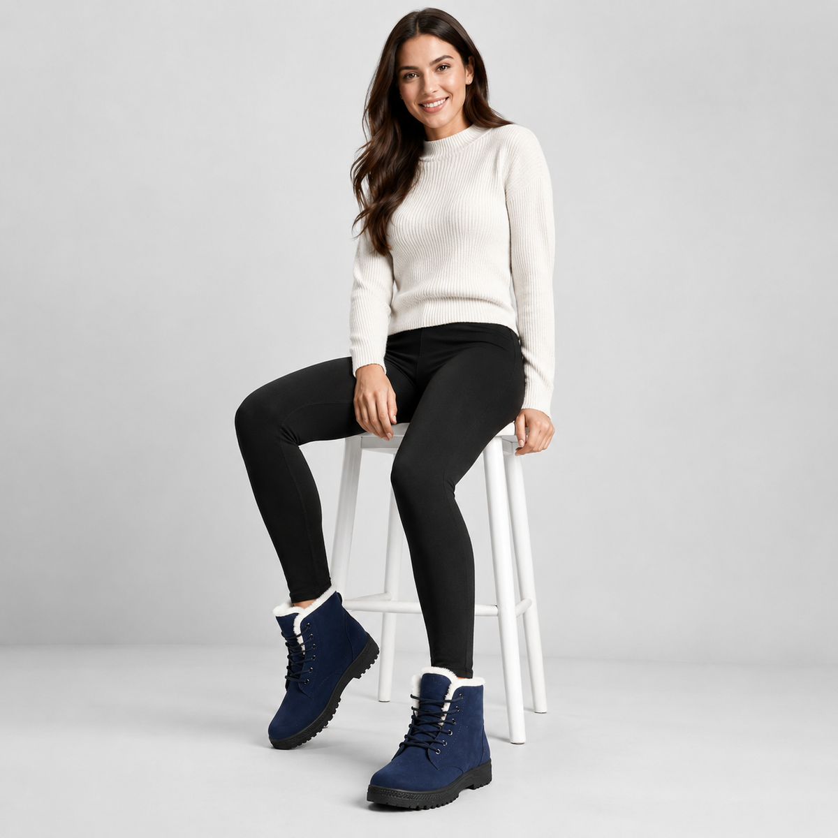 A woman sits on a white stool wearing a cream ribbed knit sweater, black leggings, and navy blue lace-up winter boots with white faux-fur trim, against a light gray studio background.