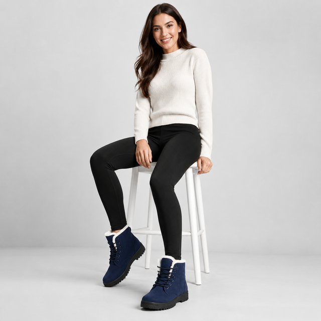 A woman sits on a white stool wearing a cream ribbed knit sweater, black leggings, and navy blue lace-up winter boots with white faux-fur trim, against a light gray studio background.