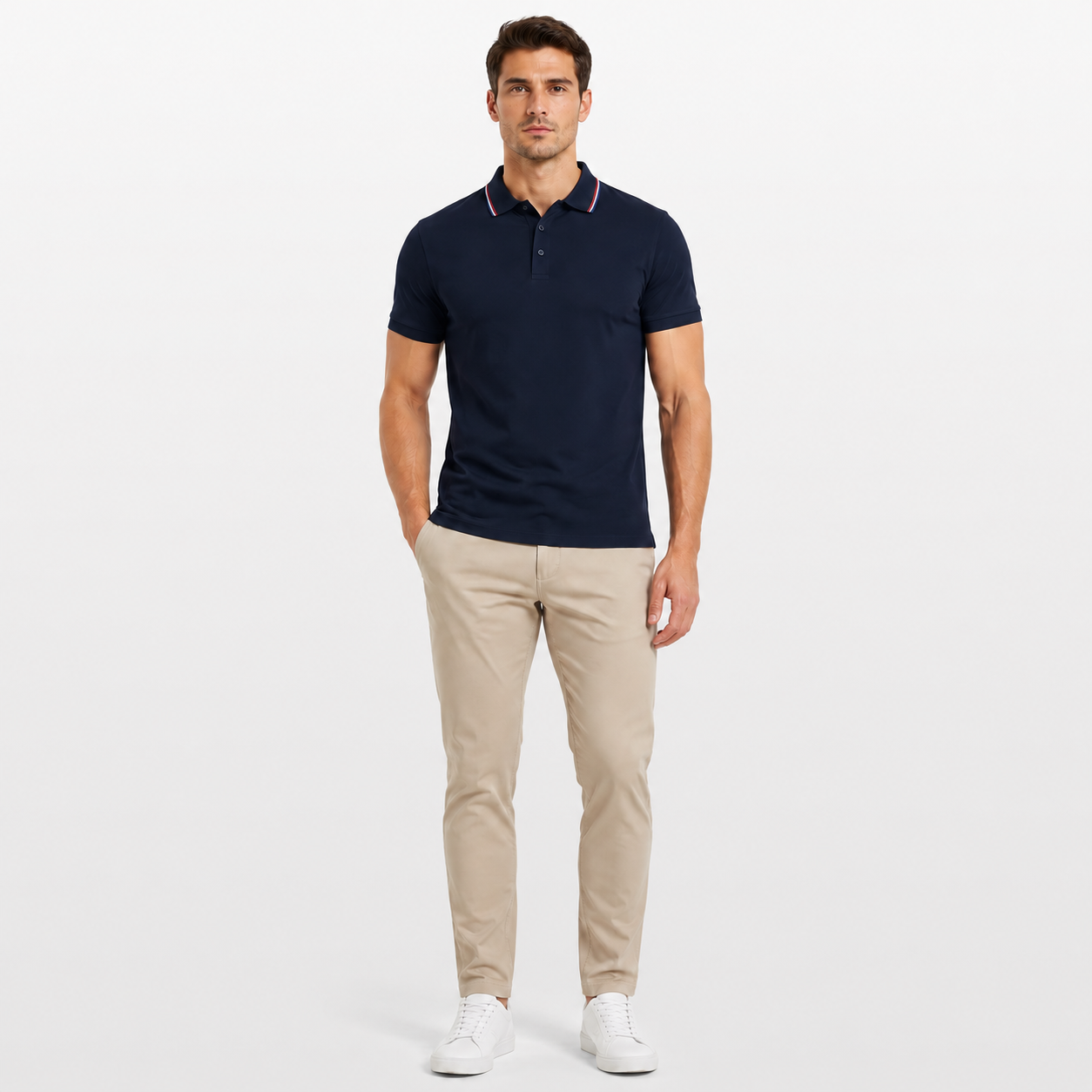 Man wearing a navy polo shirt and beige pants on a white background