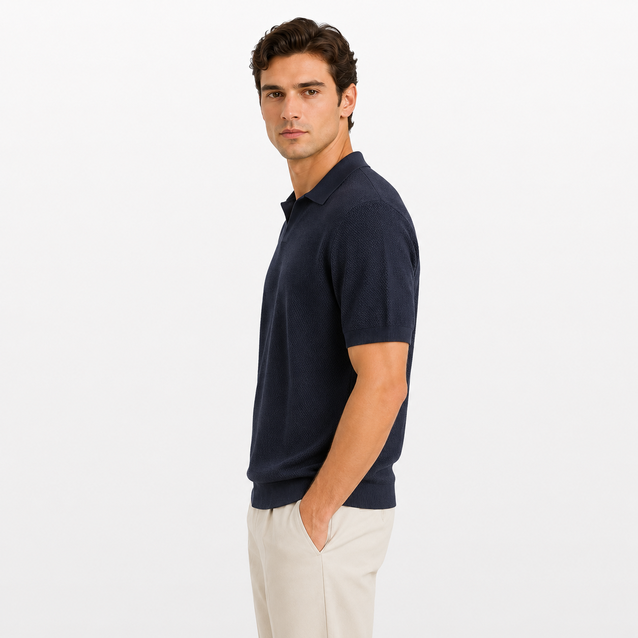 Man wearing a navy polo shirt and light-colored pants on a white background
