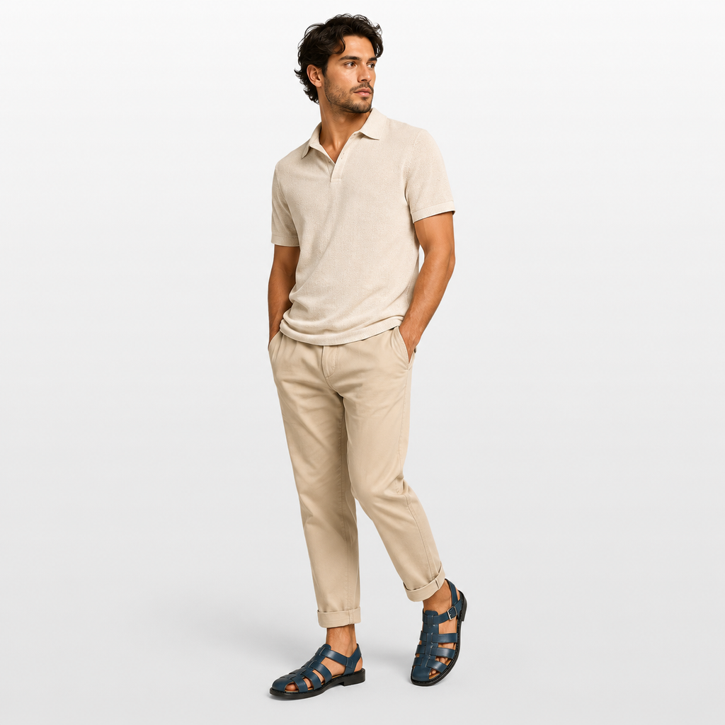 Man wearing a beige polo shirt and pants with navy sandals on a white background