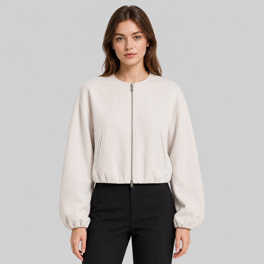 A woman modeling a cropped, off-white zip-up jacket with long balloon sleeves and side zip pockets, paired with black pants, against a solid light gray background.