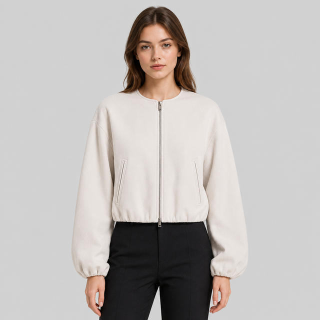 A woman modeling a cropped, off-white zip-up jacket with long balloon sleeves and side zip pockets, paired with black pants, against a solid light gray background.