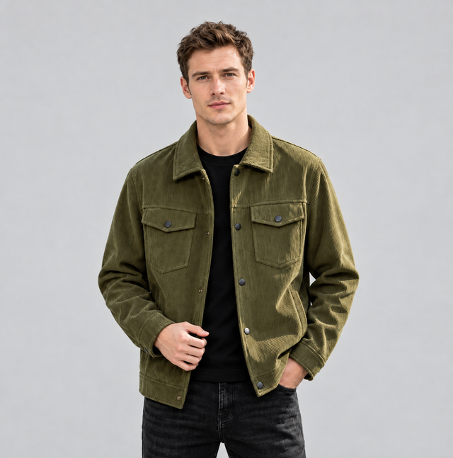 A man wearing an olive green corduroy jacket over a black t-shirt and dark jeans, standing against a solid gray studio background.