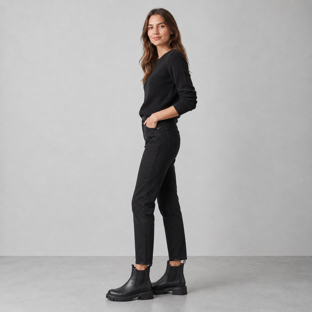 A woman modeling a black long-sleeve knit top and black slim-fit jeans, paired with black Chelsea-style ankle boots, standing against a light gray studio background.