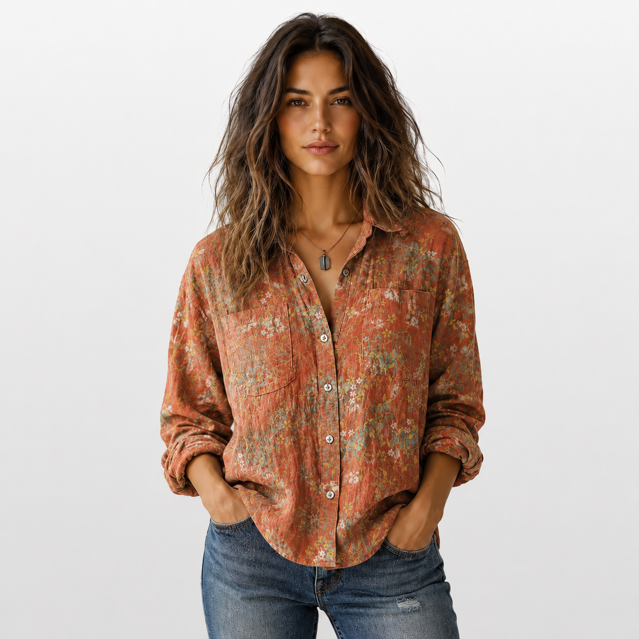 Woman wearing a patterned shirt and jeans on a plain background