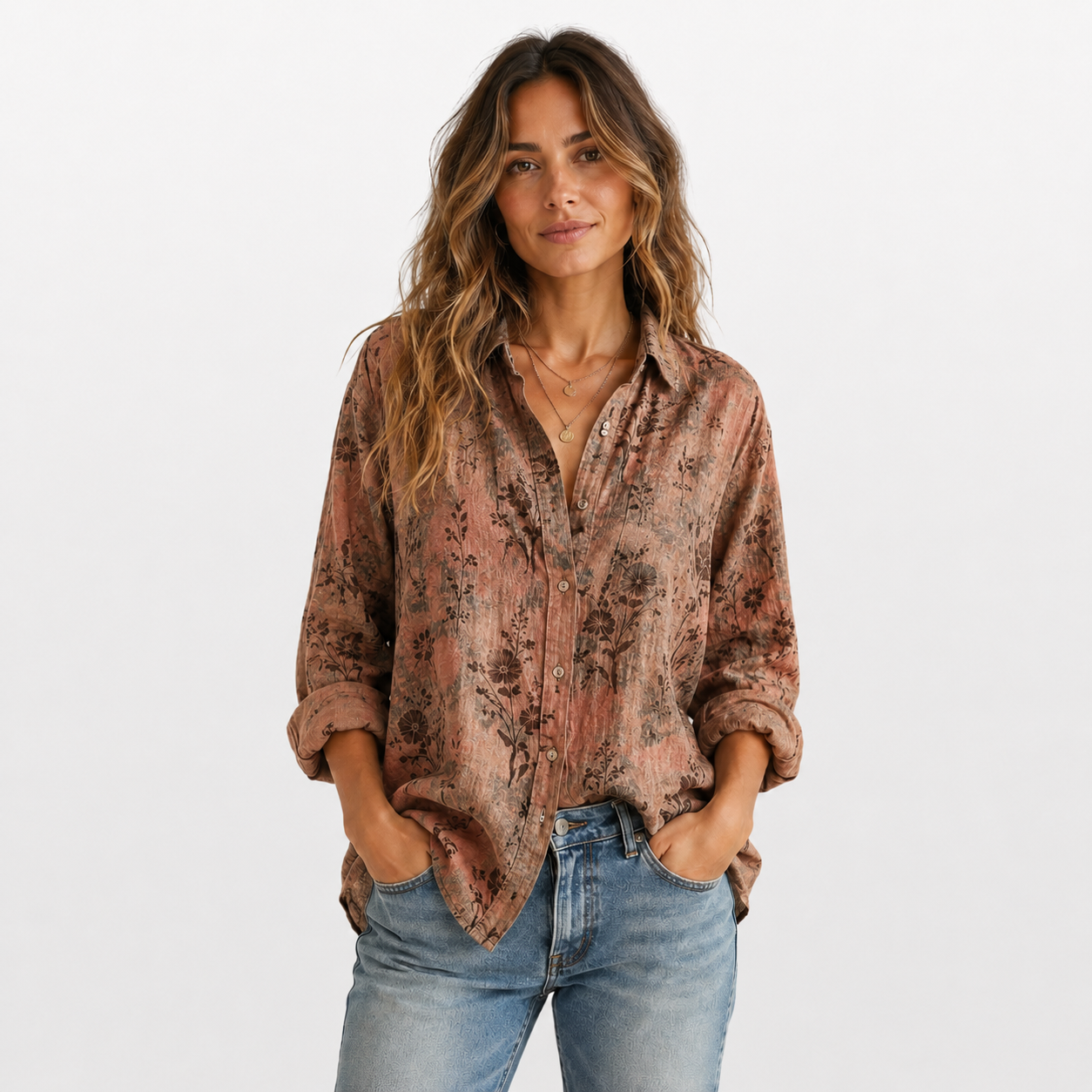 Woman wearing a patterned shirt and jeans on a white background