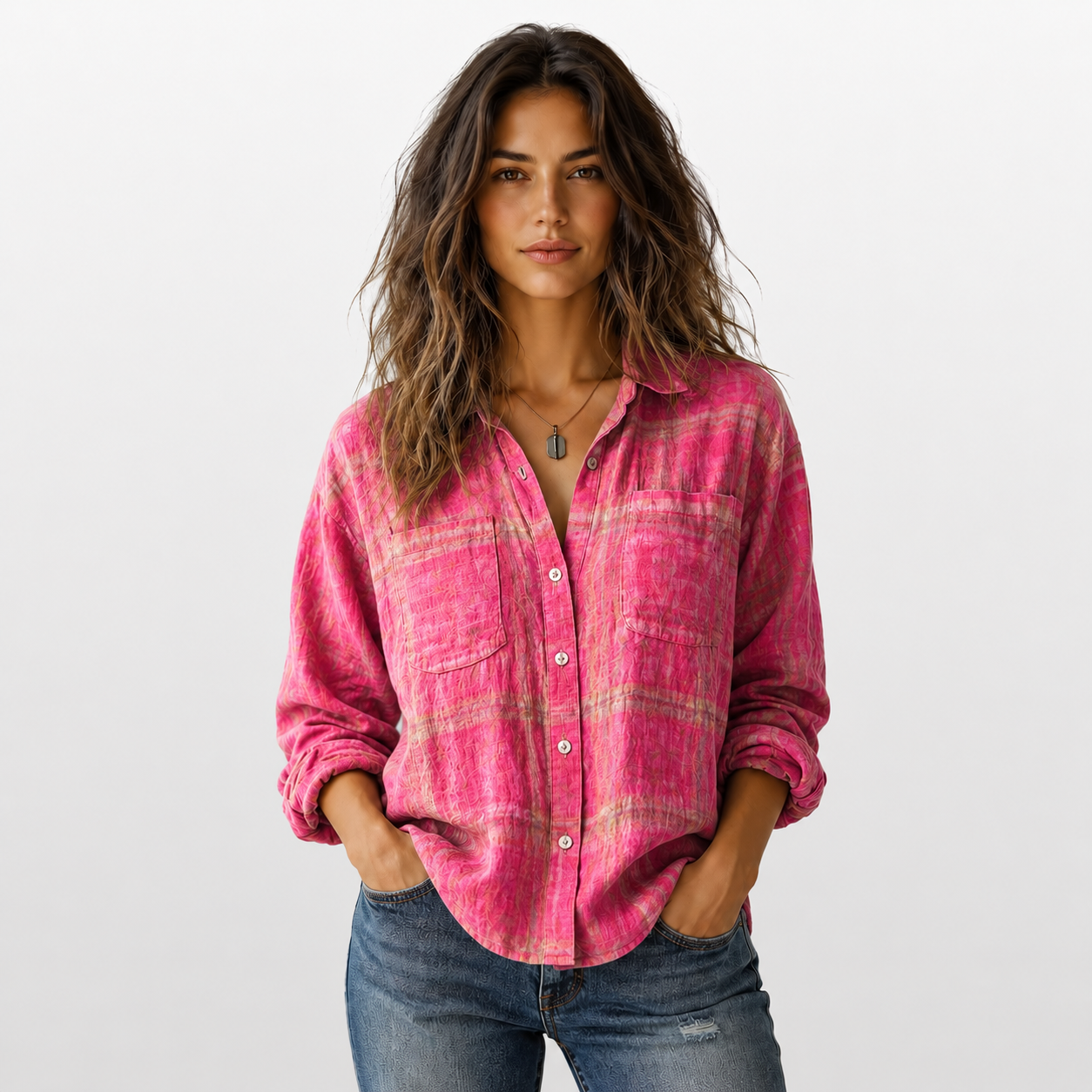 Woman wearing a pink plaid shirt and blue jeans on a white background