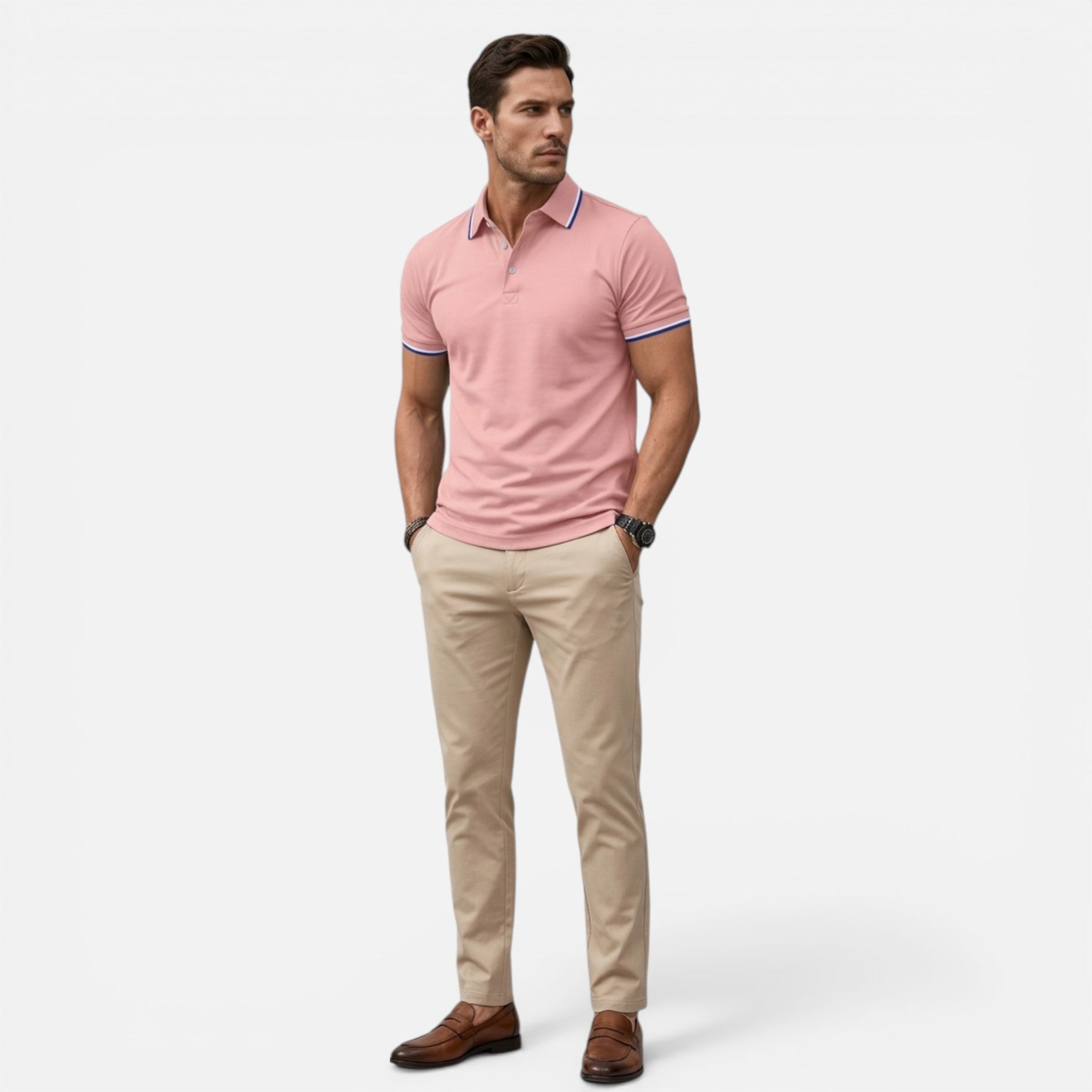 Man wearing a pink polo shirt and beige pants on a white background