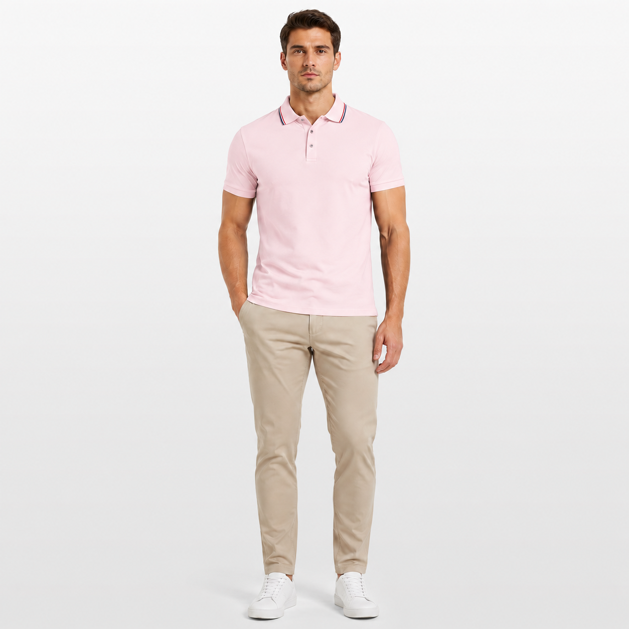Man wearing a pink polo shirt and beige pants on a white background