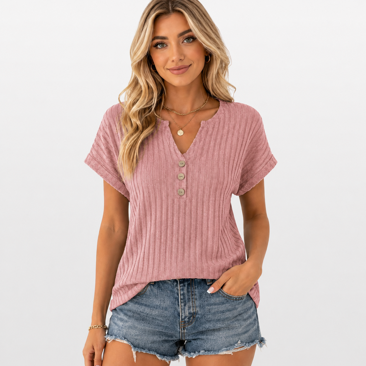 Woman wearing a pink ribbed short-sleeve top and denim shorts on a white background